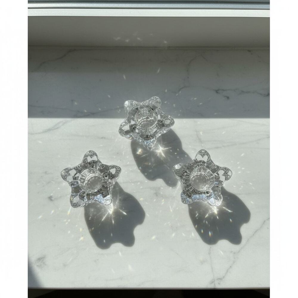 Set of 3 Crystal Star Taper Candle Holders-Scandinavian Mid Century Modern-Glass